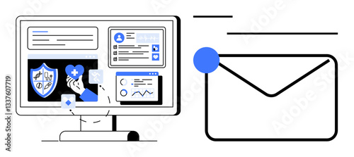 Computer screen displaying health app UI with analysis, shield, and medical icons alongside large envelope notification. Ideal for healthcare, telemedicine, data, communication, security, online