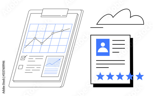 Clipboard with graph and data, profile document featuring ratings, abstract cloud. Ideal for analytics, recruitment, performance tracking, reviews, job search, cloud storage flat simple metaphor