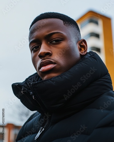 Young man in black puffer jacket with serious expression in urban setting photo