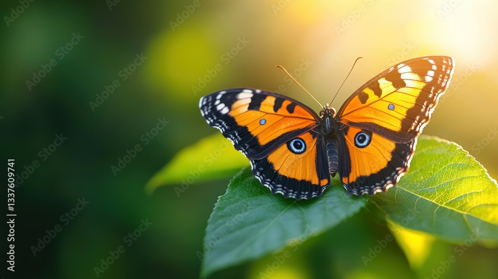 Vibrant butterfly perched on a lush leaf, bathed in sunlight Vibrant butterfly perched on a lush leaf, bathed in sunlight