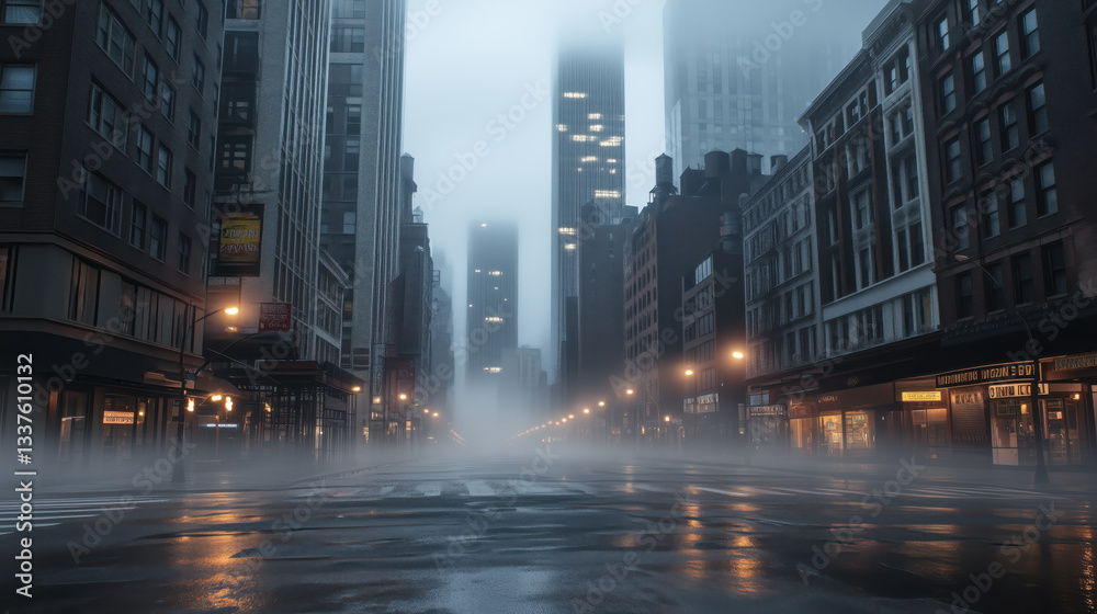 Obraz premium Early morning fog covering an empty modern city street. Soft light from buildings and lamps creates a calm, eerie atmosphere.