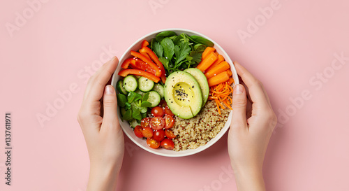 female hands holding bowl of vegetables