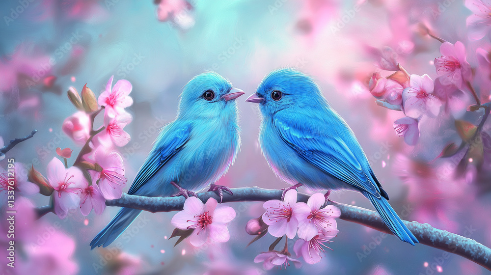 Fototapeta premium two blue color birds sitting on a branch with pink background.