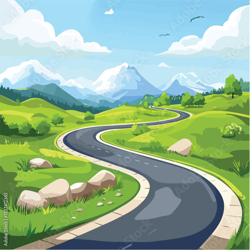 Summer Mountains Landscape with Winding Road