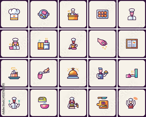 Modern outline icon set representing food preparation and culinary arts