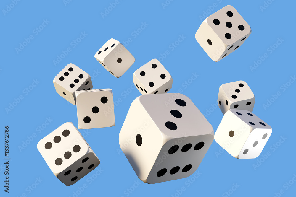 aming and entertainment industry, multiple white dice with black dots are shown in mid-air against a blue background, creating a dynamic and playful visual 3d image aming and entertainment industry, multiple white dice with black dots are shown in mid-air against a blue background, creating a dynamic and playful visual 3d image