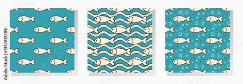 Fishes, waves and bubbles. Vector seamless patterns collection. Stylized underwater life designs in turquoise, black and ivory colors.