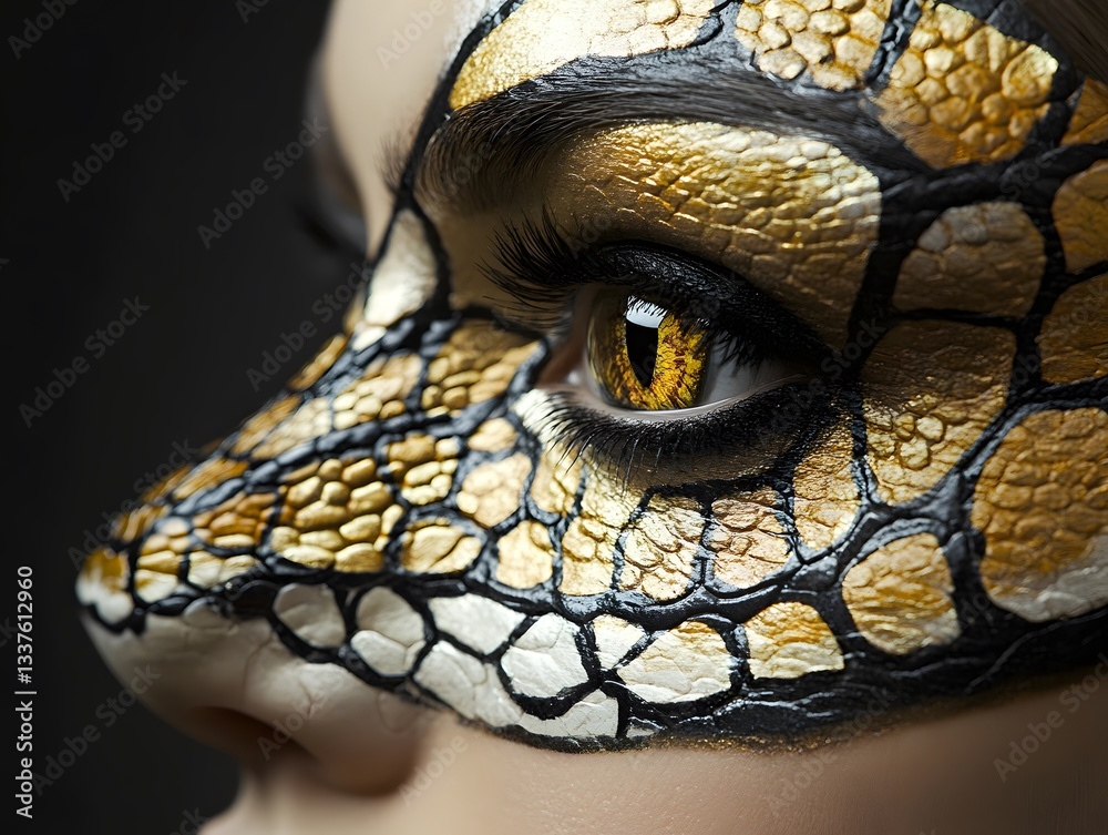 Fototapeta premium Woman with Snake Makeup Looking to the Side in a Studio Shot