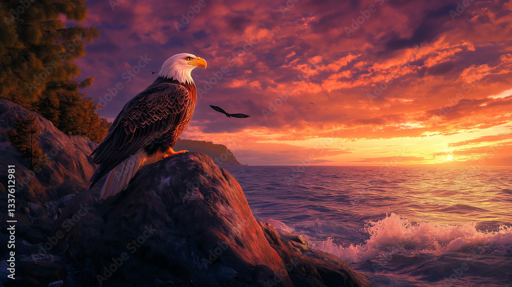 Fototapeta premium eagle watching from the cliff of the mountain, sunset in the mountains