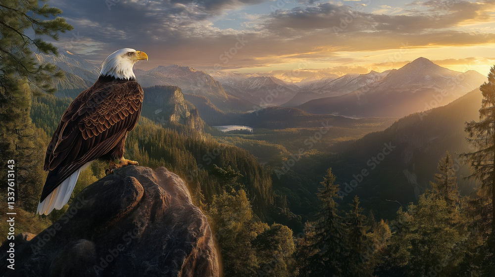 Fototapeta premium eagle watching from the cliff of the mountain, sunset in the mountains