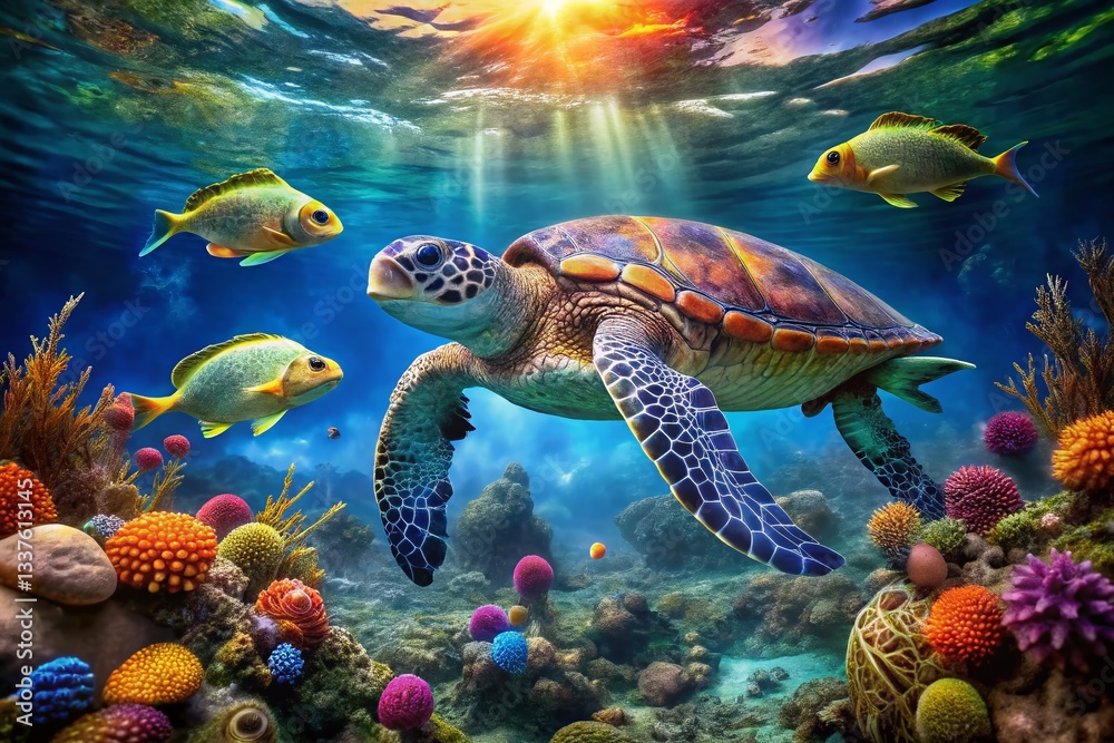 Fototapeta premium Double Exposure: Sea Turtles & Coral Reef, Underwater Ocean Scene