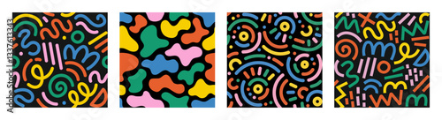 Collection of retro 80s, 90s colorful vector seamless patterns. Doodle fun kid backgrounds. Childish cool geometric design useful for fabric, textile, cover, banner, label, print, wrapping, wallpaper
