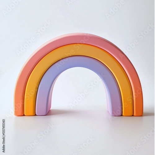 Rainbow shaped wooden toy isolated on white background with vibrant colors and smooth curves
