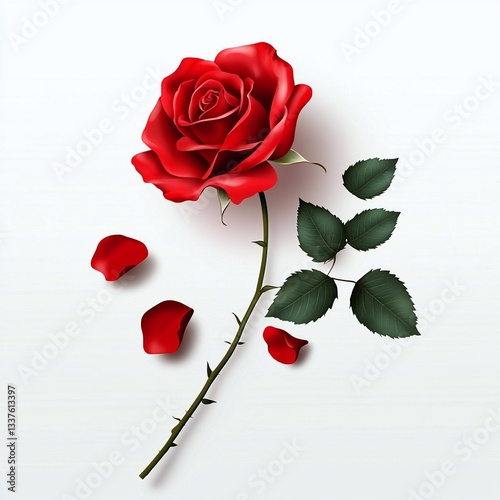 Red rose flower with green leaves isolated on a white background for floral design and decoration