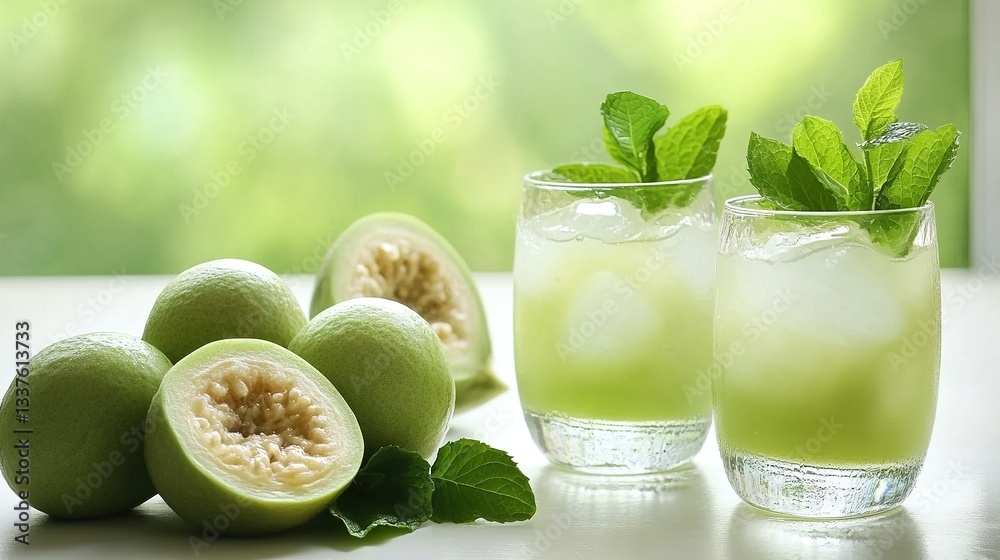 Green guava and mint juice with ice in a glass on a white table, halved fresh Siamese melon fruit next to it, green background, Fresh fruit, healthy drink, summer refreshing drink Green guava and mint juice with ice in a glass on a white table, halved fresh Siamese melon fruit next to it, green background, Fresh fruit, healthy drink, summer refreshing drink