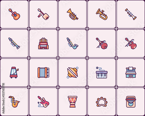 Charming musical instrument icons collection offering diverse musical expressions