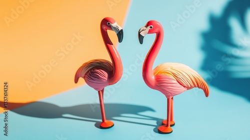 Two flamingo toys on a vibrant orange and blue background, radiating joy and optimism.
