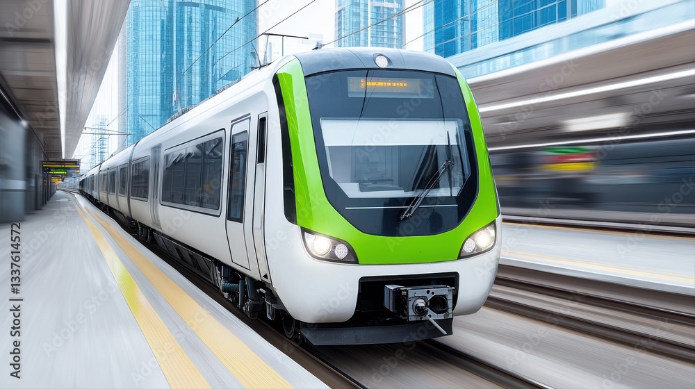 Fototapeta premium Electric train in motion through urban cityscape capturing dynamic energy and modern transportation in action