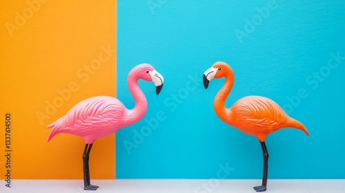 Two flamingo toys on a vibrant orange and blue background, radiating joy and optimism.
