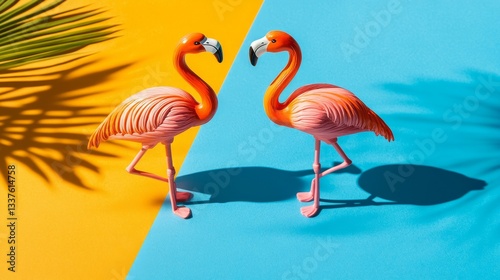 Two flamingo toys on a vibrant orange and blue background, radiating joy and optimism.
