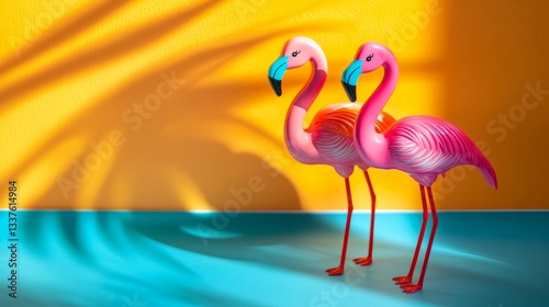 Two flamingo toys on a vibrant orange and blue background, radiating joy and optimism.
