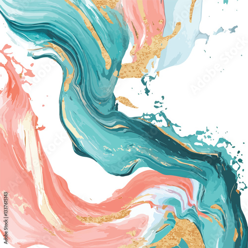 Swirling Turquoise Coral and Gold Paint Abstract Design