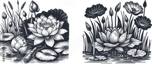 Wallpaper Mural Engraved Design of a Serene Lotus Garden: Set of Lotus Flowers, Buds, Leaves Floating on Water with Graceful Water Grass lotus flower, water lily, illustration, vintage, black-and-white, detailed Torontodigital.ca