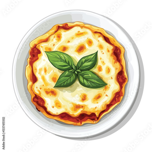 Delicious Hot Lasagna with Basil Leaf on White Plate