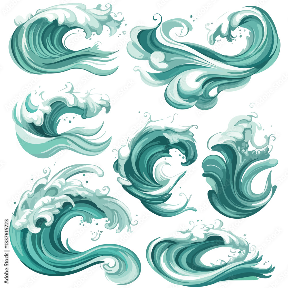 Teal Ocean Waves with White Foamy Tops Curving Teal Ocean Waves with White Foamy Tops Curving