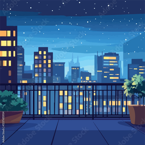 Stunning Night Cityscape View from Rooftop Terrace