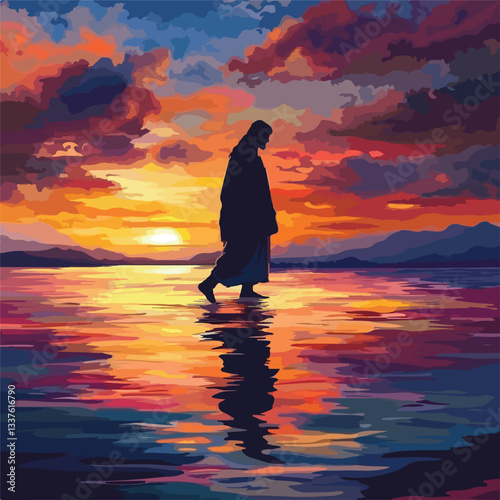 Miraculous Jesus Walking on Water in Beautiful Sunset Scene