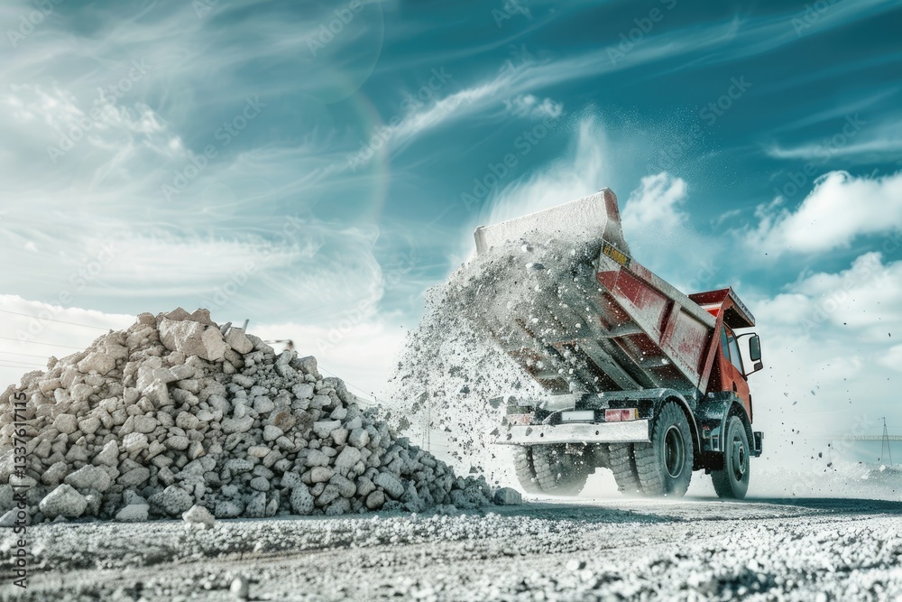 Clear Pixel Image of Dump Truck Unloading Crushed Concrete for Recycling