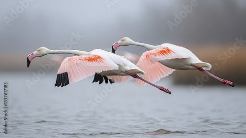 Two flamingos in flight over water (1)