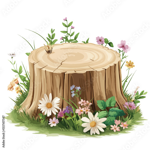 Wildflowers Surrounding Majestic Tree Stump in Nature