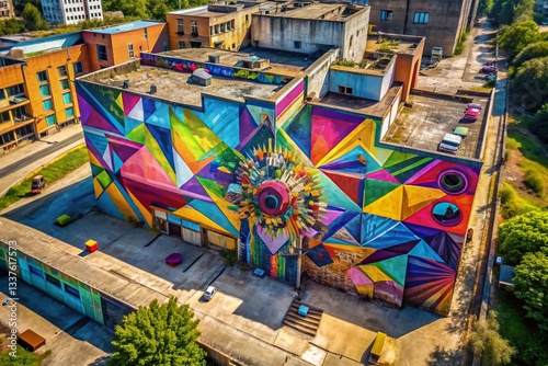 Drone View: 3D Abstract Graffiti Mural on Urban Building