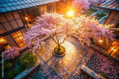 Drone View: Cherry Blossom Courtyard, Glowing Prosperity Tree