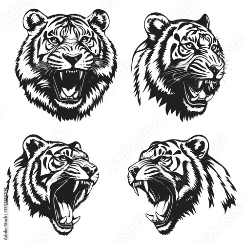 Tiger Head Face Portrait Set Profile Angry Roar