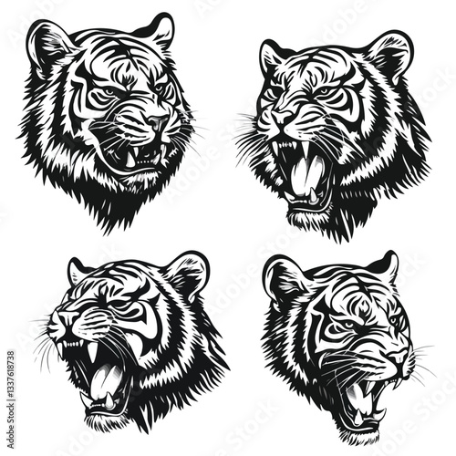 Tiger Head Face Portrait Set Profile Angry Roar