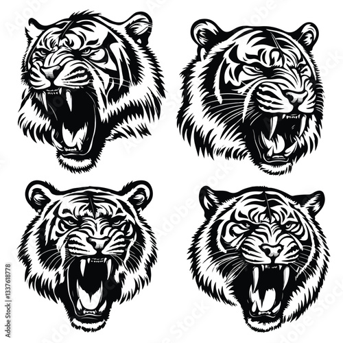 Tiger Head Face Portrait Set Profile Angry Roar