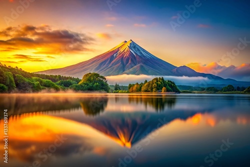 Early Morning Volcano Reflection: Tranquil Lake & Tilt-Shift Photography