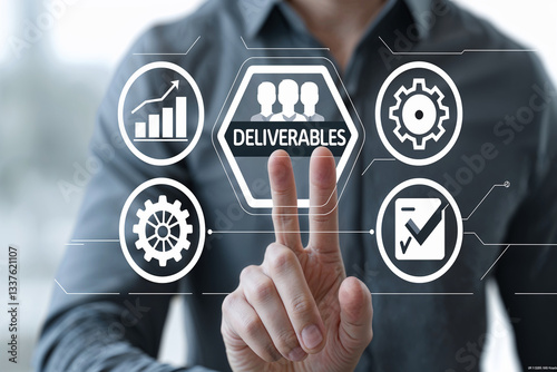 Businessman working on virtual touch screen with text 'DELIVERABLES.' Business Deliverables Planning Process with Project Management and Quality Control.