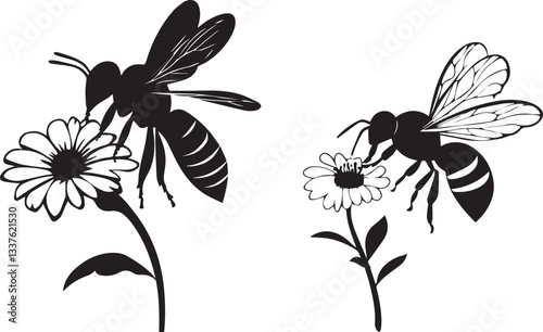 Silhouette of a bee collecting nectar from a flower vector silhouette