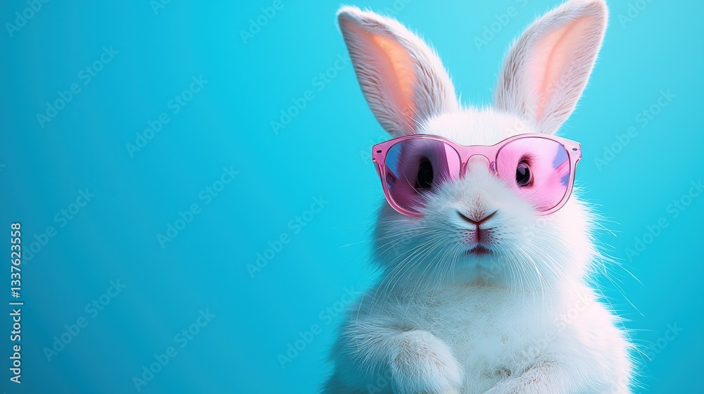 Obraz premium Cute white bunny wearing pink sunglasses against a blue background.