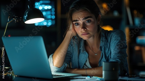Stressed woman working late on laptop at night.