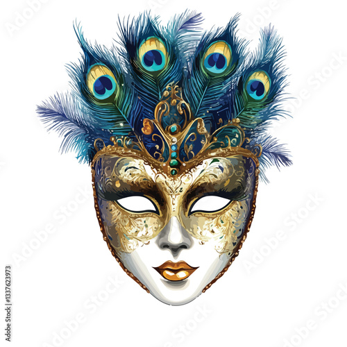 Exquisite Venetian Carnival Mask Embellished with Gold Leaves on White Background