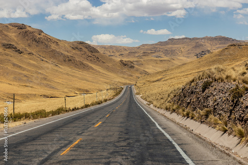 Road across the Altiplano Andean Plateau in Peru photo