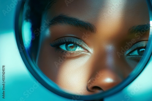 African Woman's Beautiful Aqua Eyes Reflected in Mirror with Light Beam
