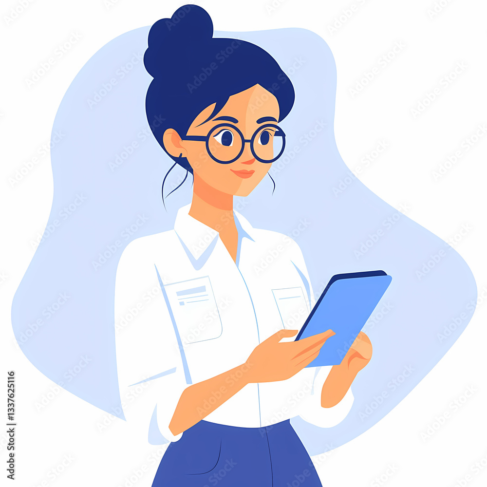 Businesswoman with digital tablet. Portrait of a woman in shirt and skirt. Isolated on white background. Vector art. Businesswoman with digital tablet. Portrait of a woman in shirt and skirt. Isolated on white background. Vector art.