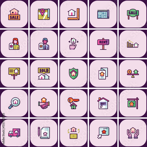 Comprehensive real estate icon set featuring property management and investment