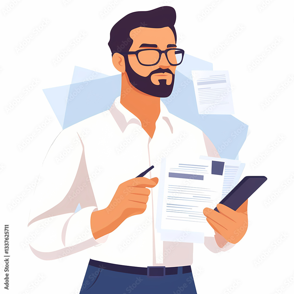 Man Analyzing Documents: Focused individual in a crisp white shirt, reviewing papers and a mobile device against a minimalist background. Man Analyzing Documents: Focused individual in a crisp white shirt, reviewing papers and a mobile device against a minimalist background.